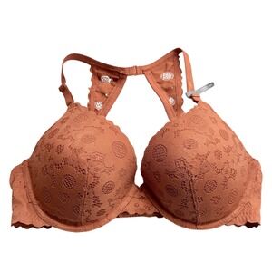Aerie Women Terracotta Orange Floral Medallion Lace Plunge Racerback Bra 38D